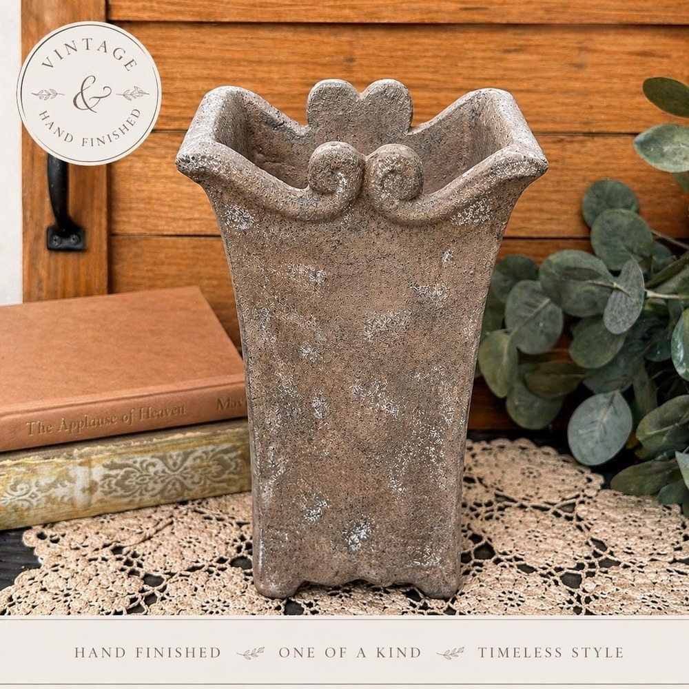 Hand Finished Textured Pottery Vase Old World Scroll Rim Accent Decor